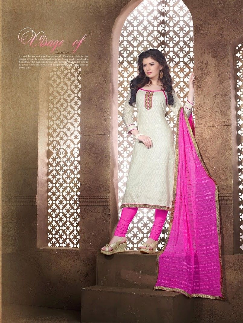 White And Pink Cotton Dress Material - Fashion Fiesta
