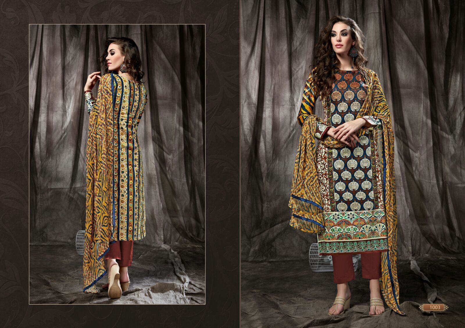 Yellow And Brown Printed Dress Material - Fashion Fiesta