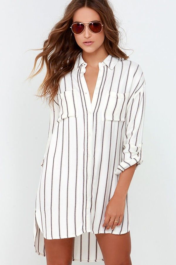 White Vertical Stripe Print Waist Shirt Dress - Enigma