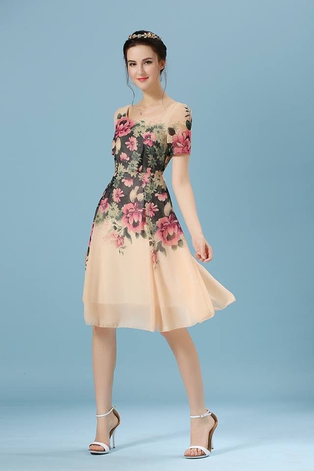 Beautiful Floral Print Dress Beige - Mauve Collection