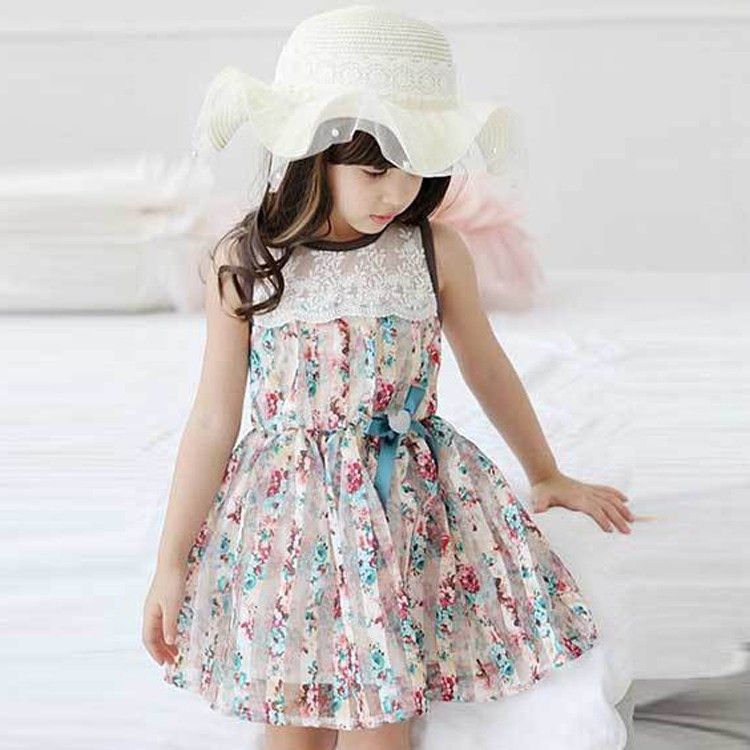 Cute Floral Print Dress With Lace Work - Blue - WREN AND BEAR