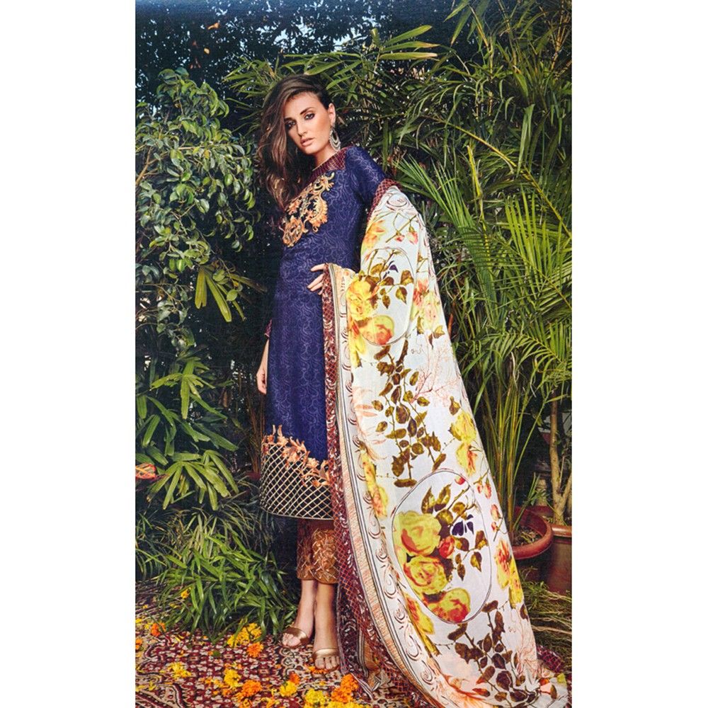 Navy Blue Embroidered Dress Materail - Mauve Collection