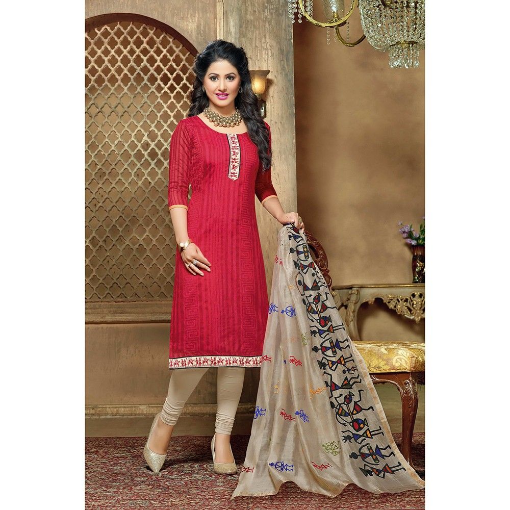 Pink Semistitched Printed Dress Material - Fabfella