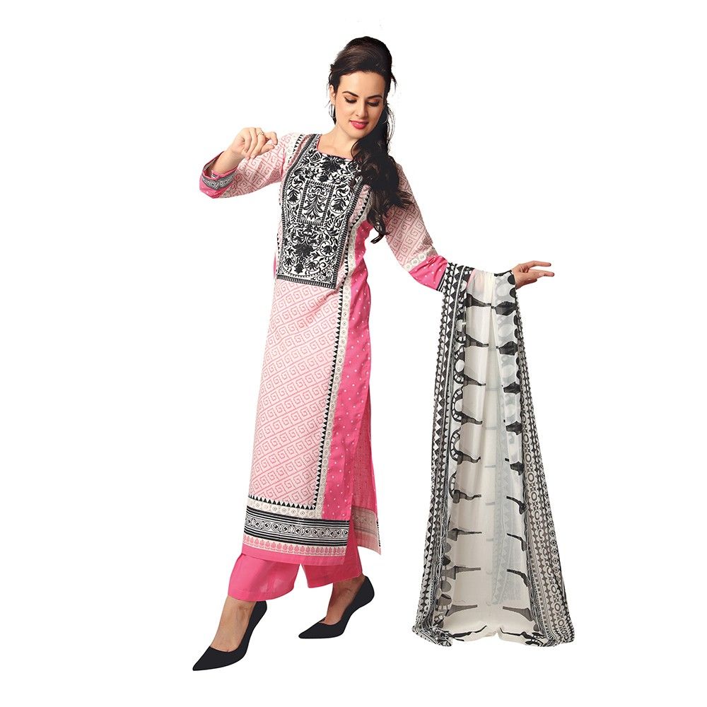 Exclusive Dress Material With All Over Front And Back Multi Design Print With Printed Dupatta-pink - Varanga