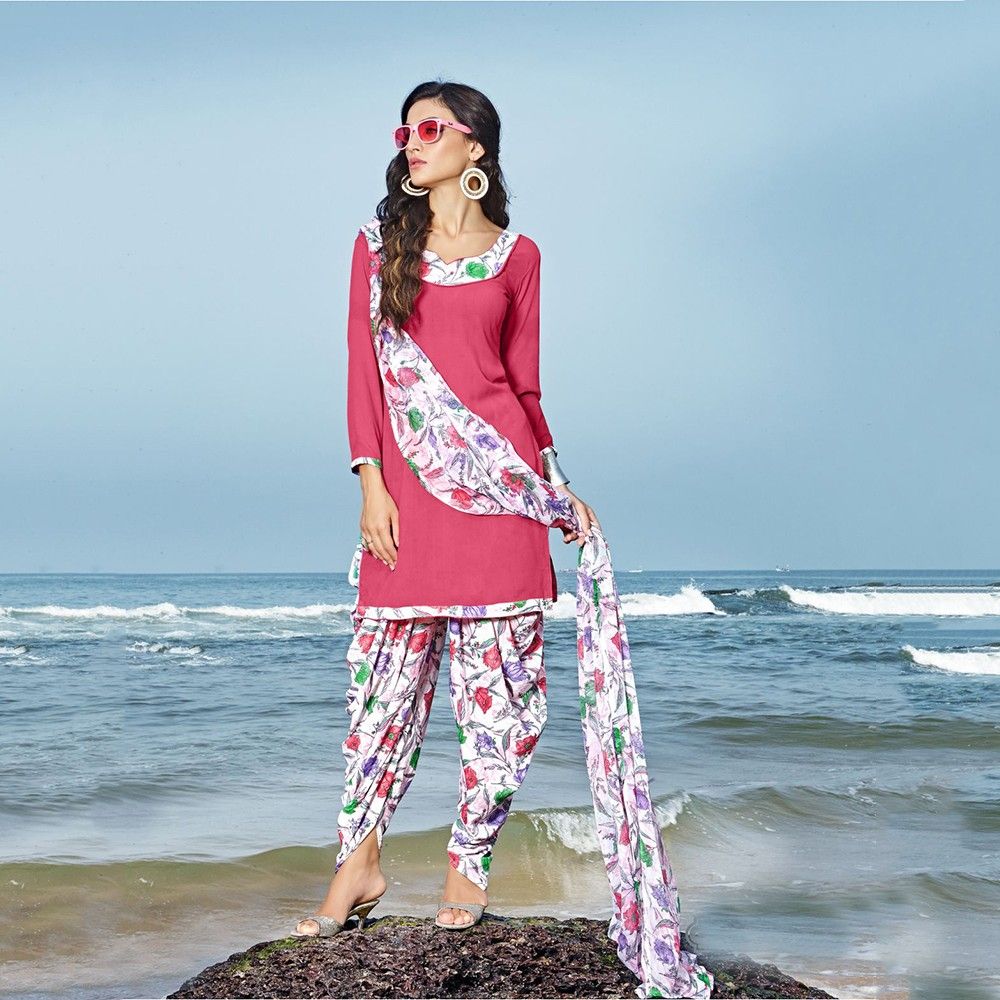 Courier Pink With Multicolor Salwar And Dupatta Dress Material - Balloono