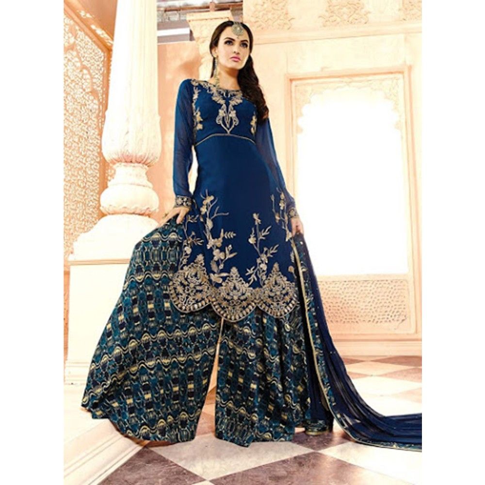 Suit And Skirt Semistitched Dress Material Blue - Balloono