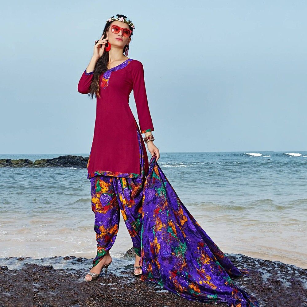 Hot Pink With Purple Multicolor Salwar And Dupatta Dress Material - Balloono