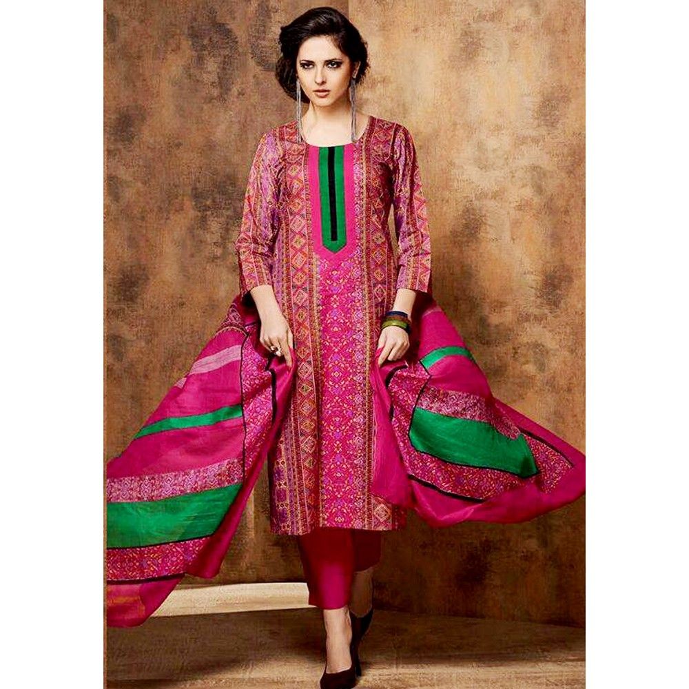 Pink & Green Printed Cotton Dress Material - Afreen