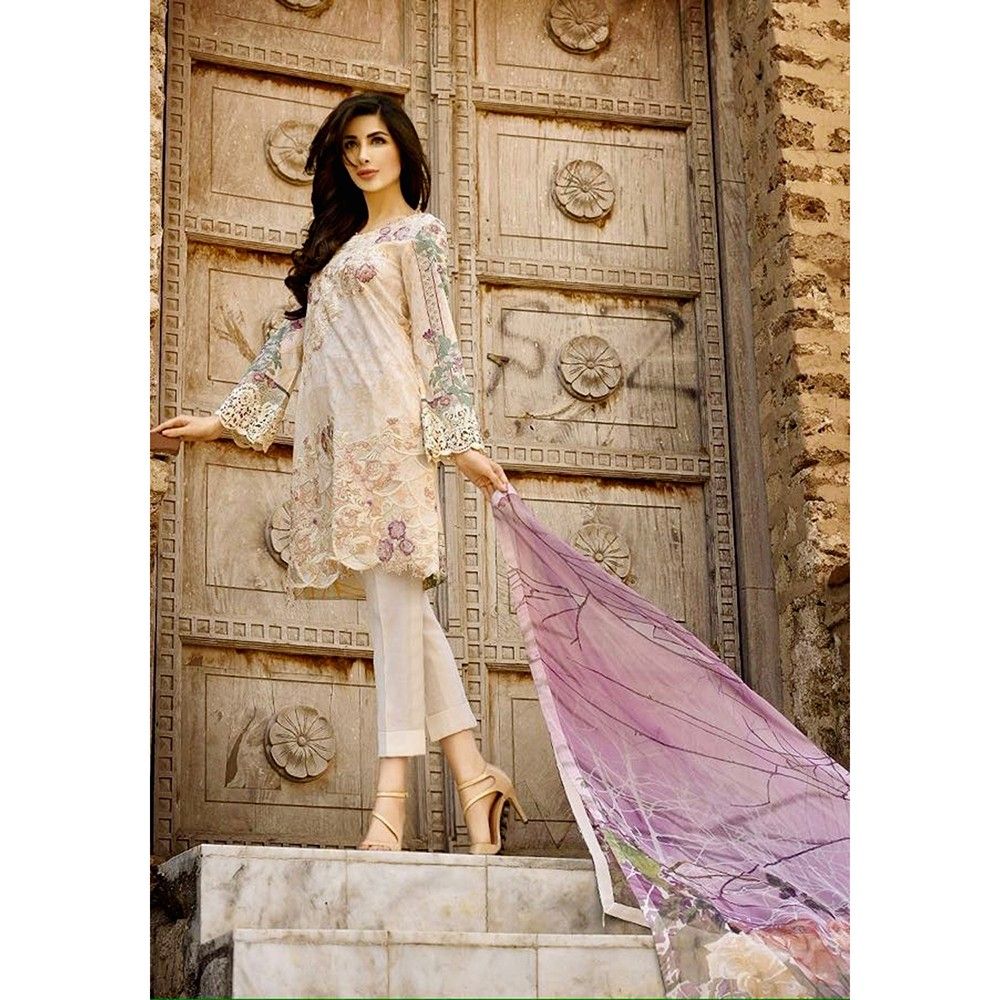 Beautiful Pakistani Style Printed Cotton Dress Material - Beige & Mauve - Afreen