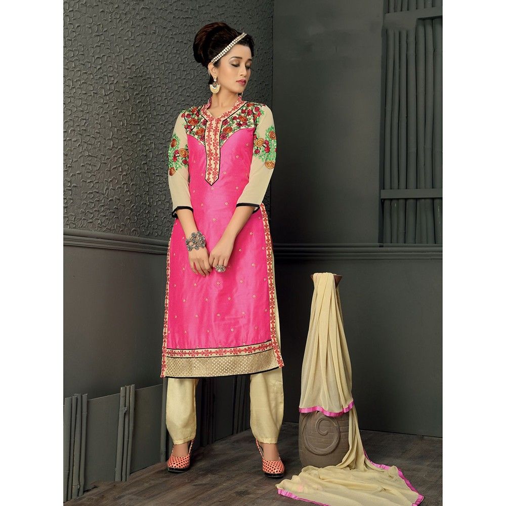 Pink And Beige Combination With Muti Embroidery Dress Material - Balloono