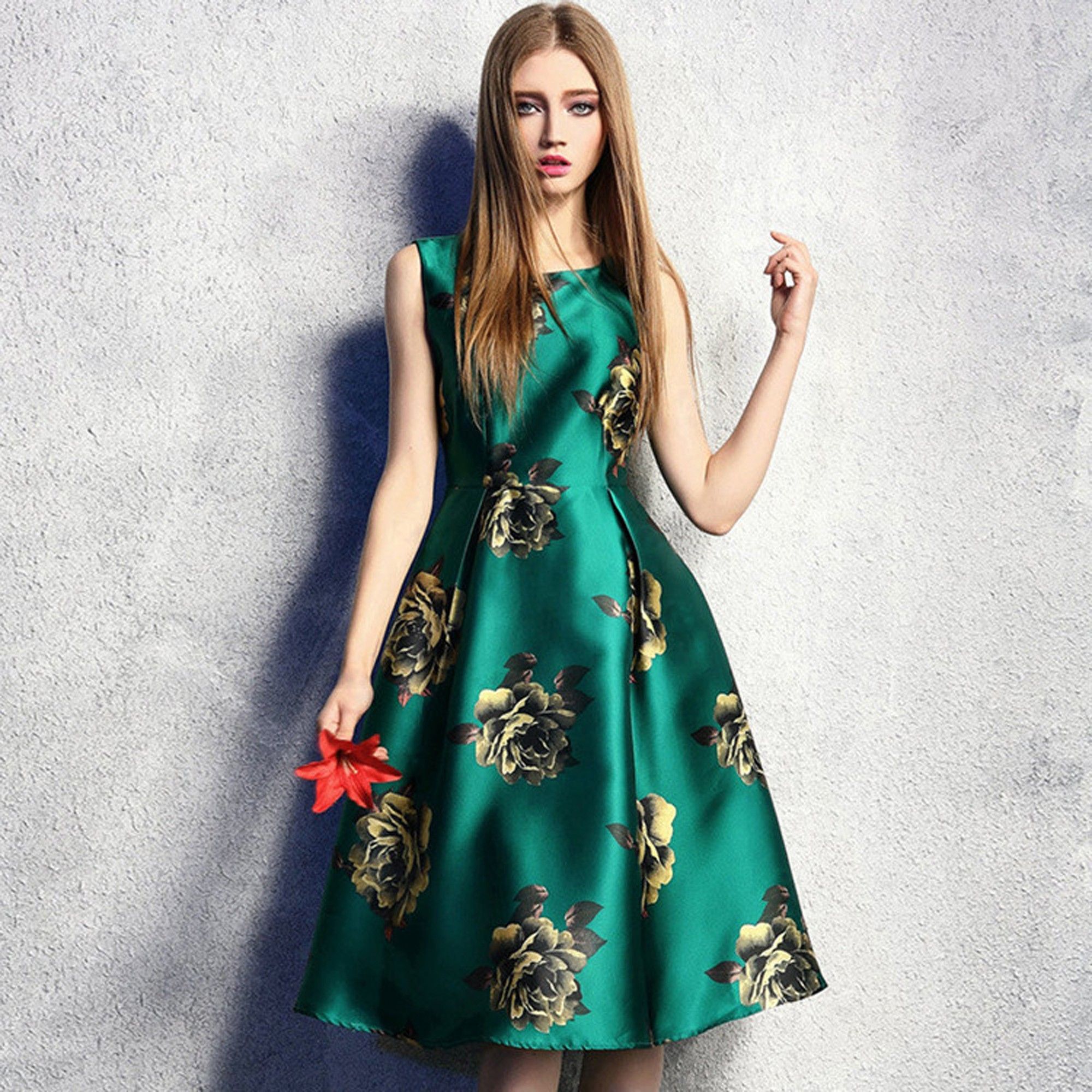 Vintage Casual Print Pleated Slim Dress Women - Green - STUPA FASHION