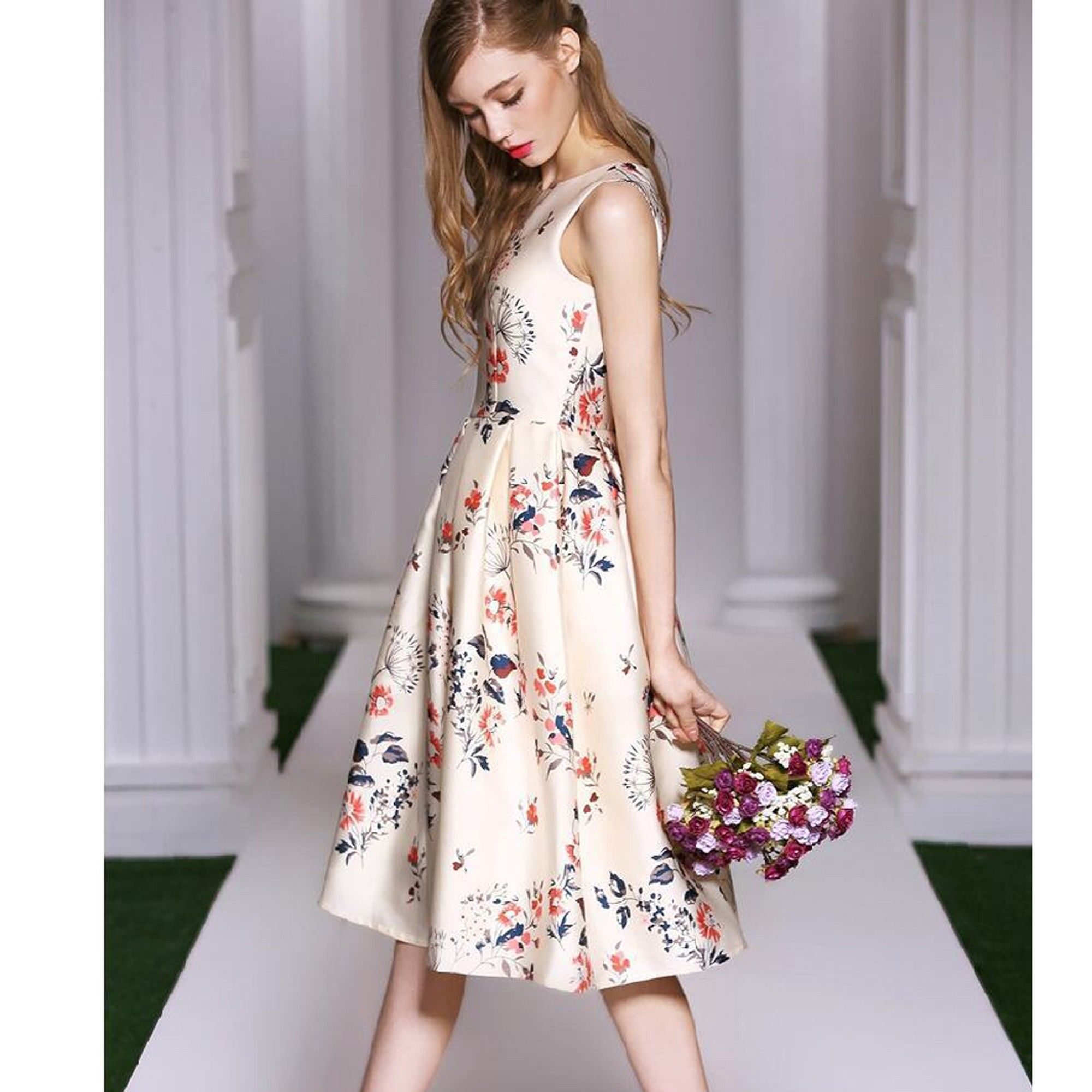 Summer Dress Printed Vintage Pleated Floral Dress - Cream - STUPA FASHION