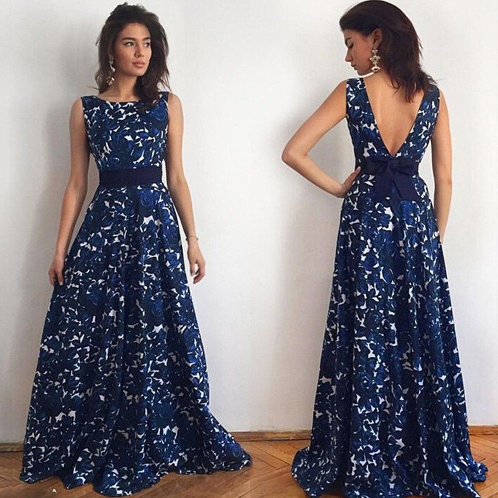 Spring Print Flowers Casual Long Maxi Dress - Navy Blue - STUPA FASHION