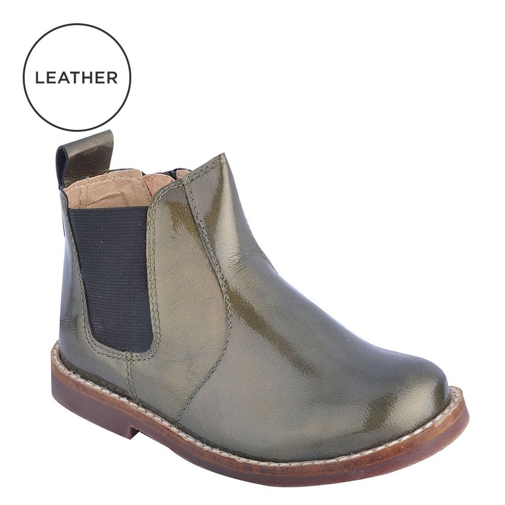 

the patent chelsea boots in metallic deep green are rugged