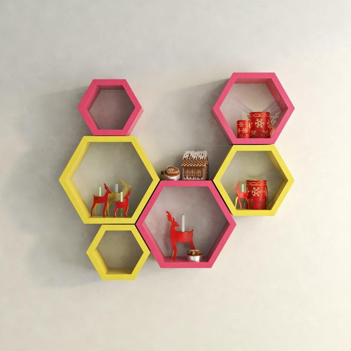 Hopscotch Decornation Wall Shelf Rack Set Of 6 Hexagon Shape Hopscotch Decornation Wall Shelf Rack Set Of 6 Hexagon Shape Storage Shelves For Home Pink Yellow