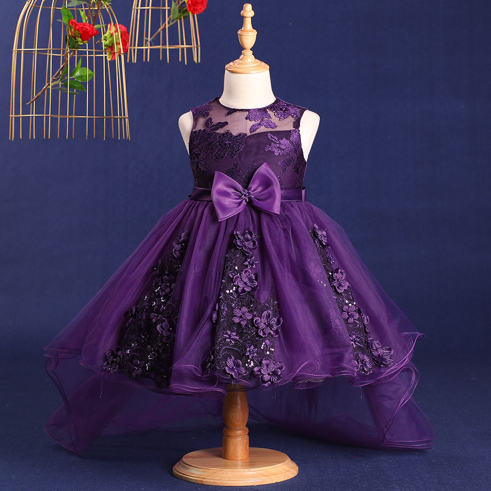 Hopscotch Girls Polyester Sequins Sleeveless Party Wear Dress Frock With  Lace Bow Applique in Purple Color (