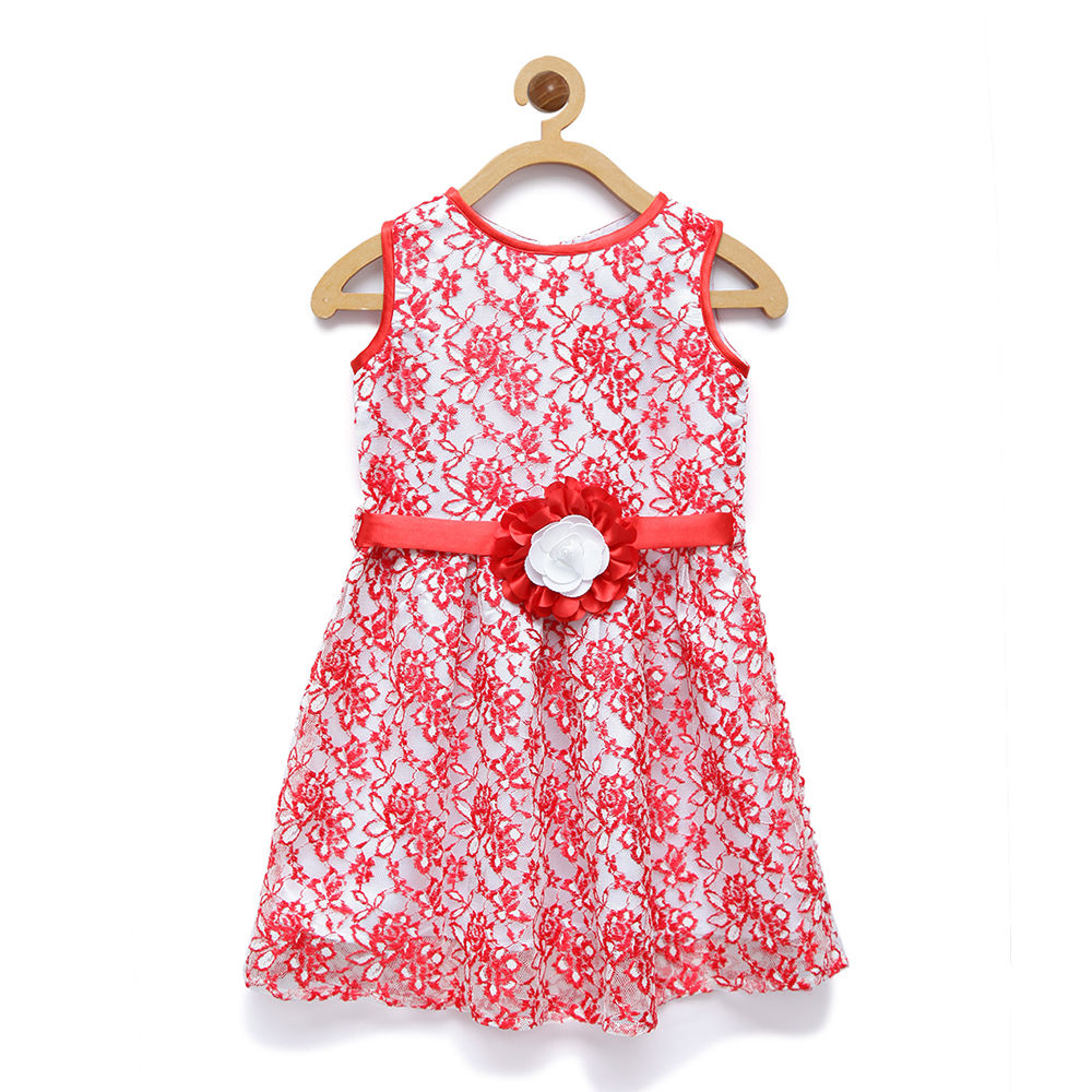 

girls red net dress with white satin lining with belt