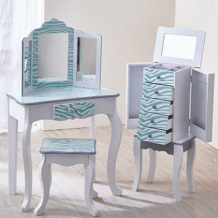 Teamson Kids Fashion Zebra Prints Gisele Vanity Table Stool Teamson Kids Fashion Zebra Prints Gisele Vanity Table Stool Set Aqua Blue White 1000 Hopscotch