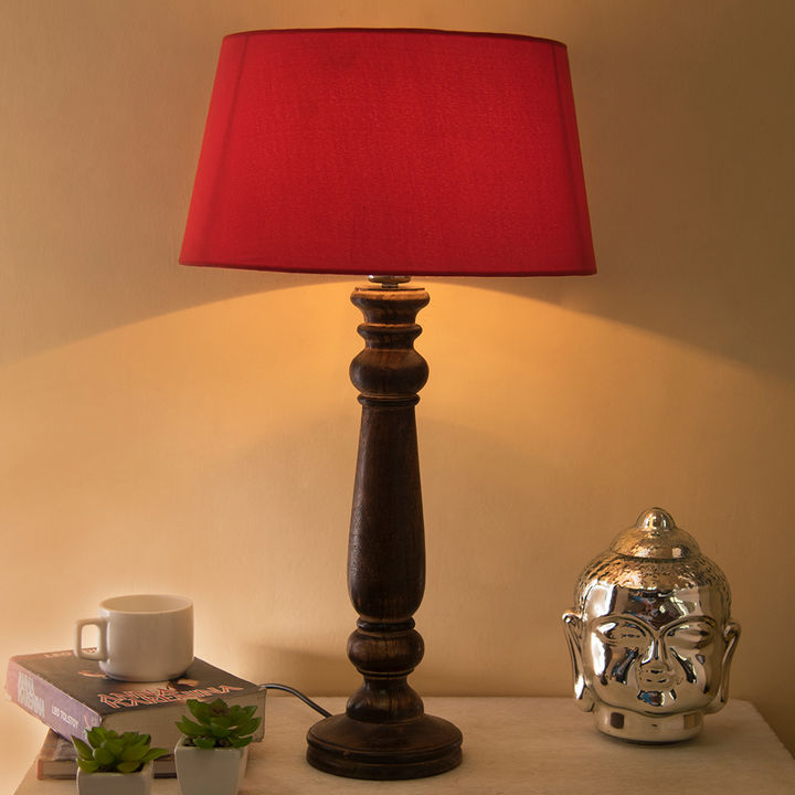 Mabel Antique Black Wood Table Lamp With Red Shade
