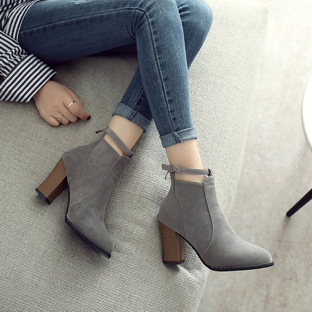 Grey block heel ankle boots | River Island