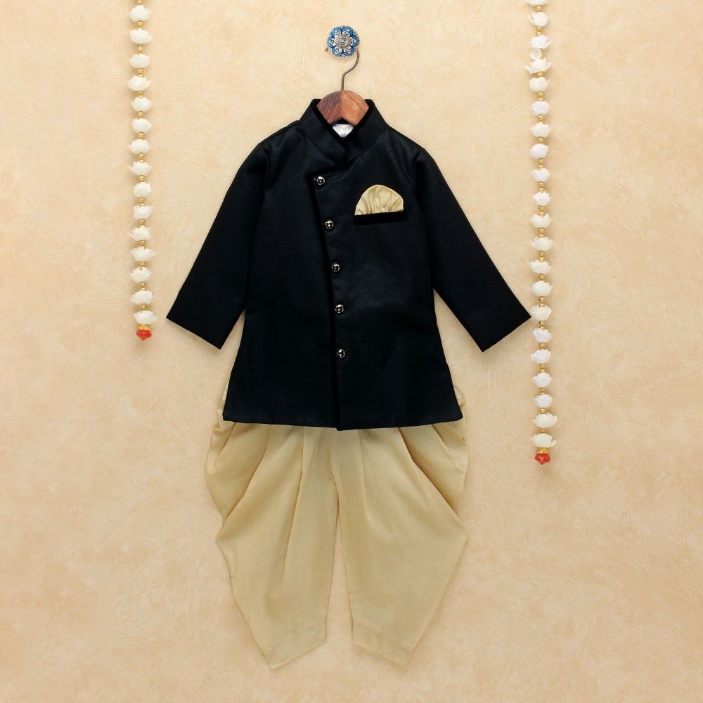 

boys black cotton blend sherwani style kurta set black
