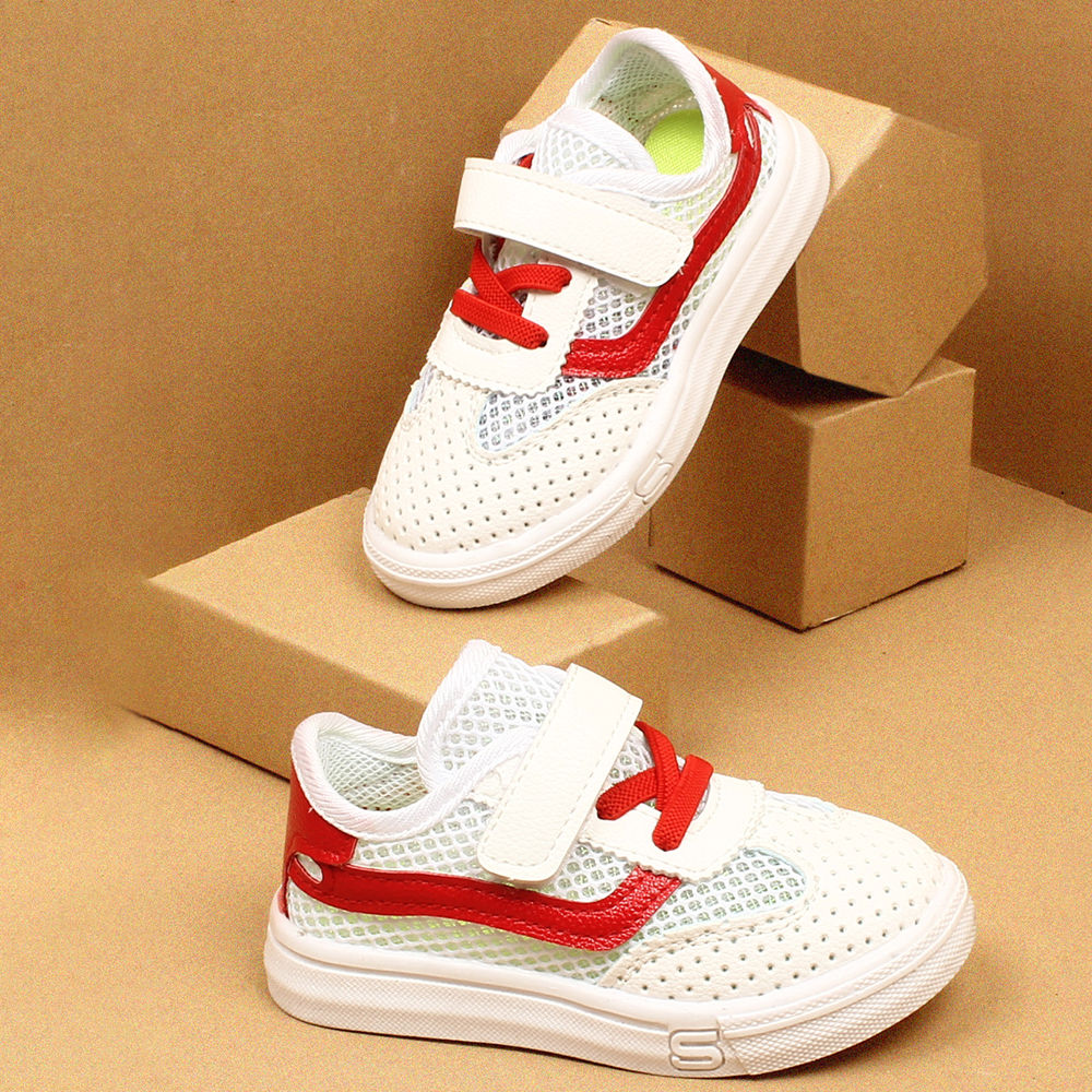 white sneakers with red stripe