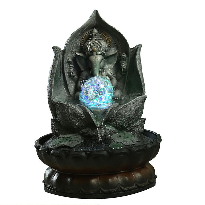 Lotus Ganesh Hand Sculpted Indoor Water Fountain With Light Gray Black