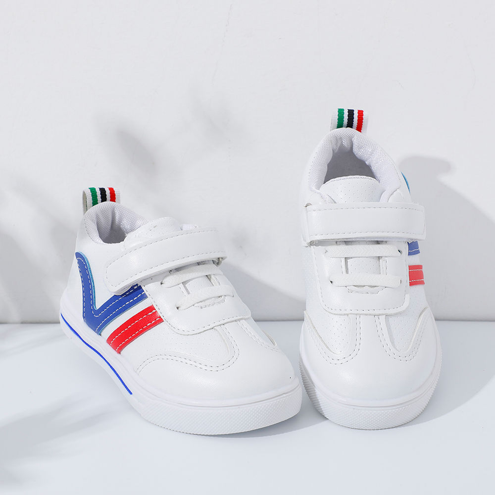 white sneakers with blue and red stripes