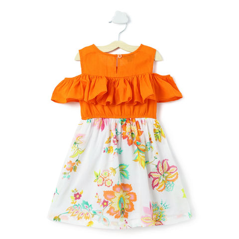 Shop Online Orange Floral Print Cold Shoulder Dress at ₹578