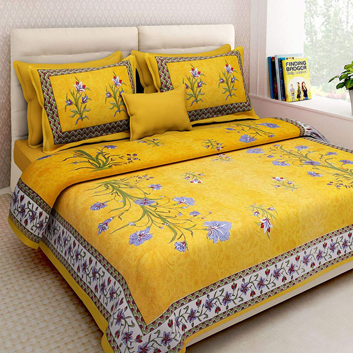 Buy Flower Plant Yellow Cotton King Size Double Bed Sheet With 2