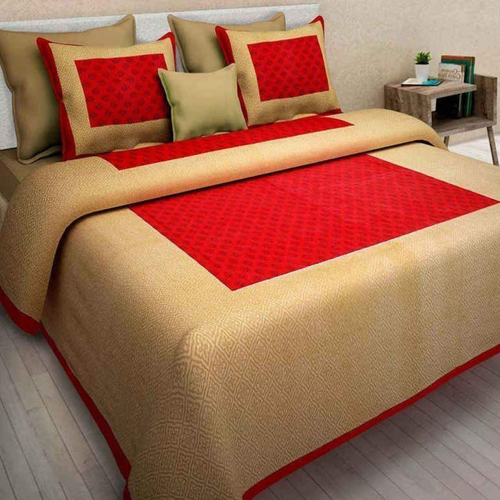 Buy Printed Red Beige Cotton King Size Double Bed Sheet With 2