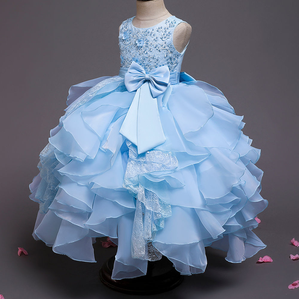 Shop Online Girls Blue Sleeveless Ruffle Embellished Gown at 2782