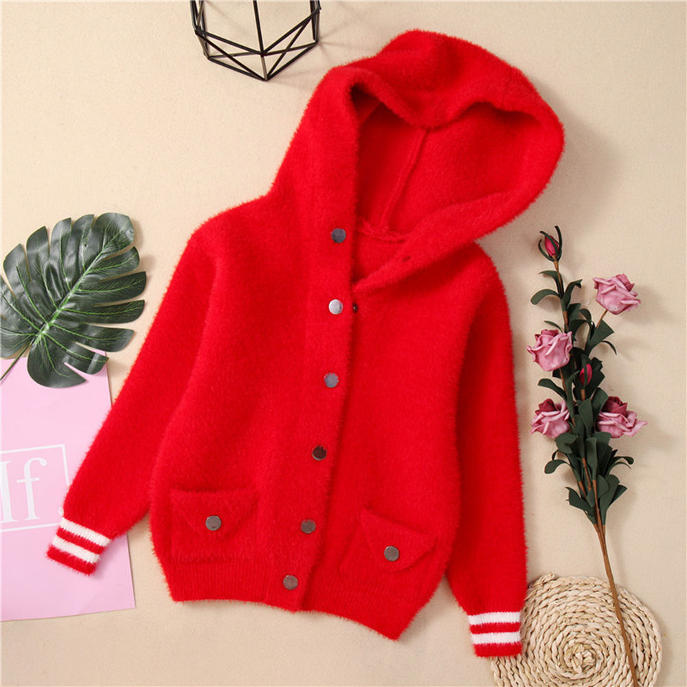 red hooded cardigan