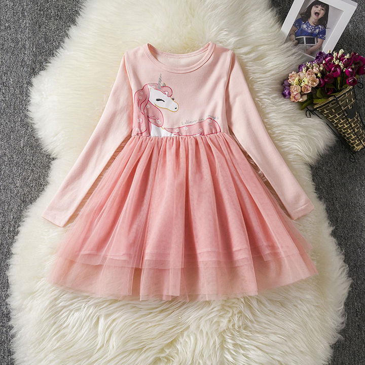 Buy Pink Full Sleeves Solid Unicorn Printed Dress Online 839