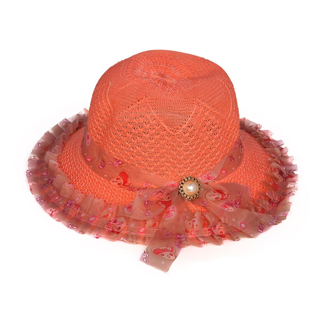 Shop Online Peach Girls Summer Hat with Printed Ribbon Trim At Brim at ₹199