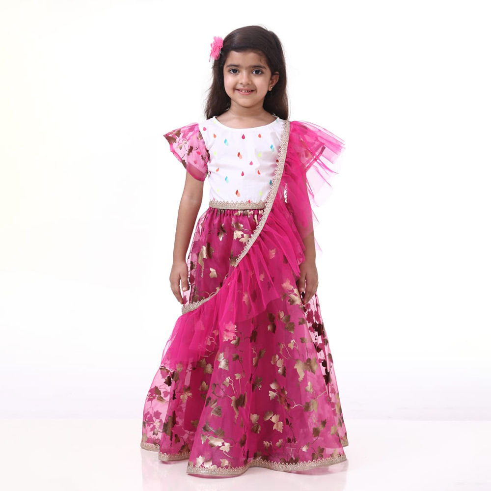 

droplet top with hot pink lehenga with dupatta set features