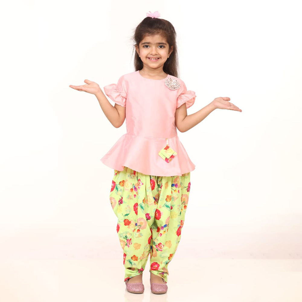 

baby pink peplum suit with lime green dhoti set features