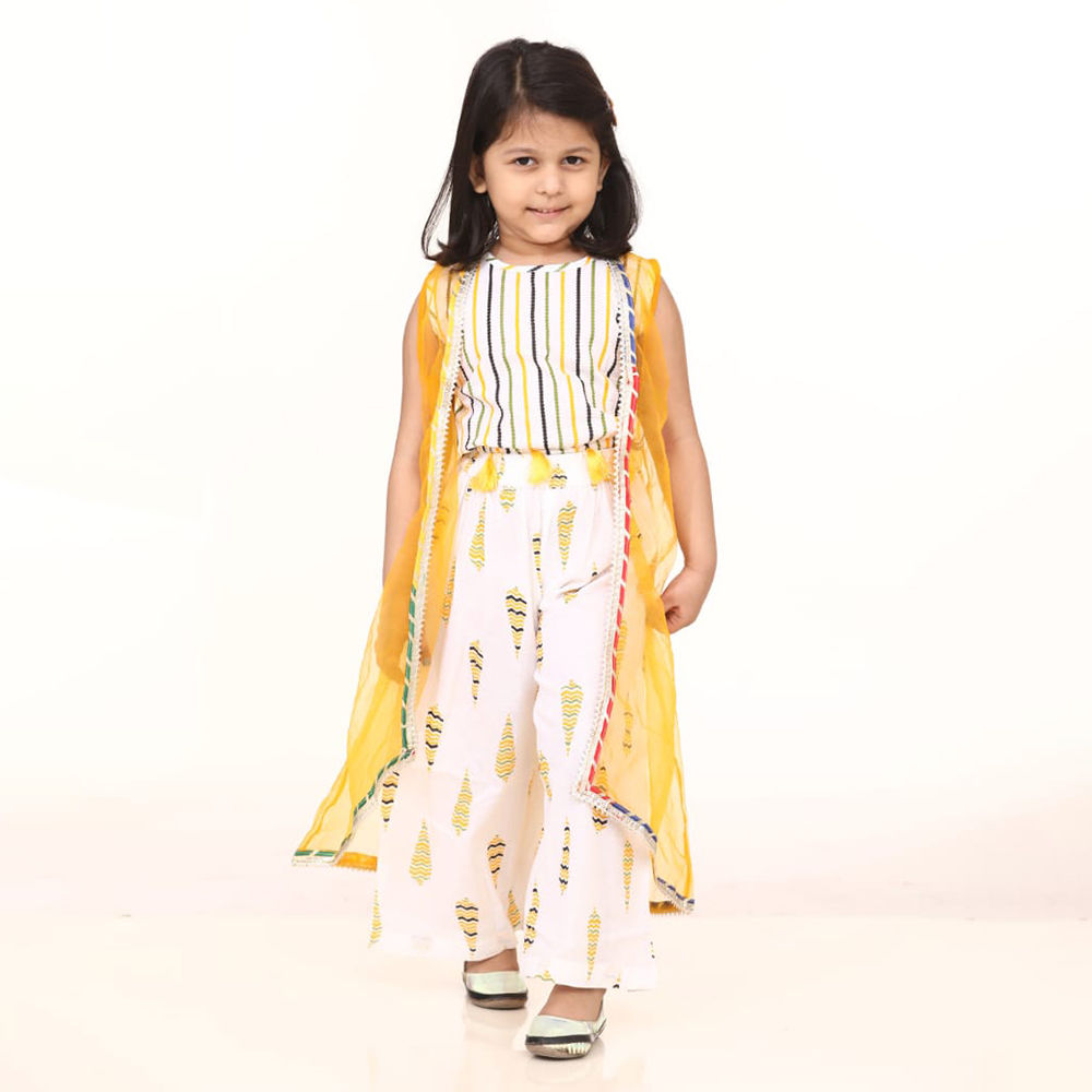 

yellow crop top palazzo and shrug set features material composition