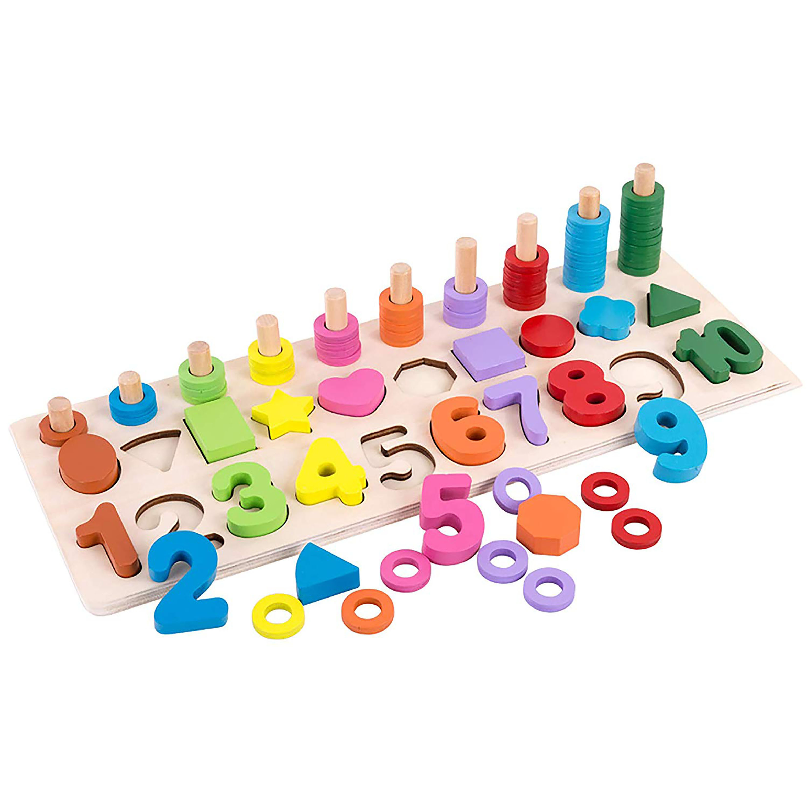 

wooden educational and learning numbers and shapes with colourful rings