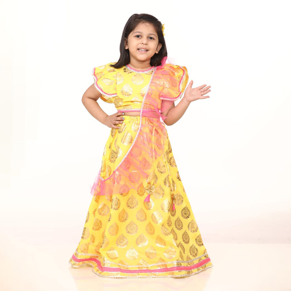 

bright yellow motif ruffle lehenga set features material composition choli