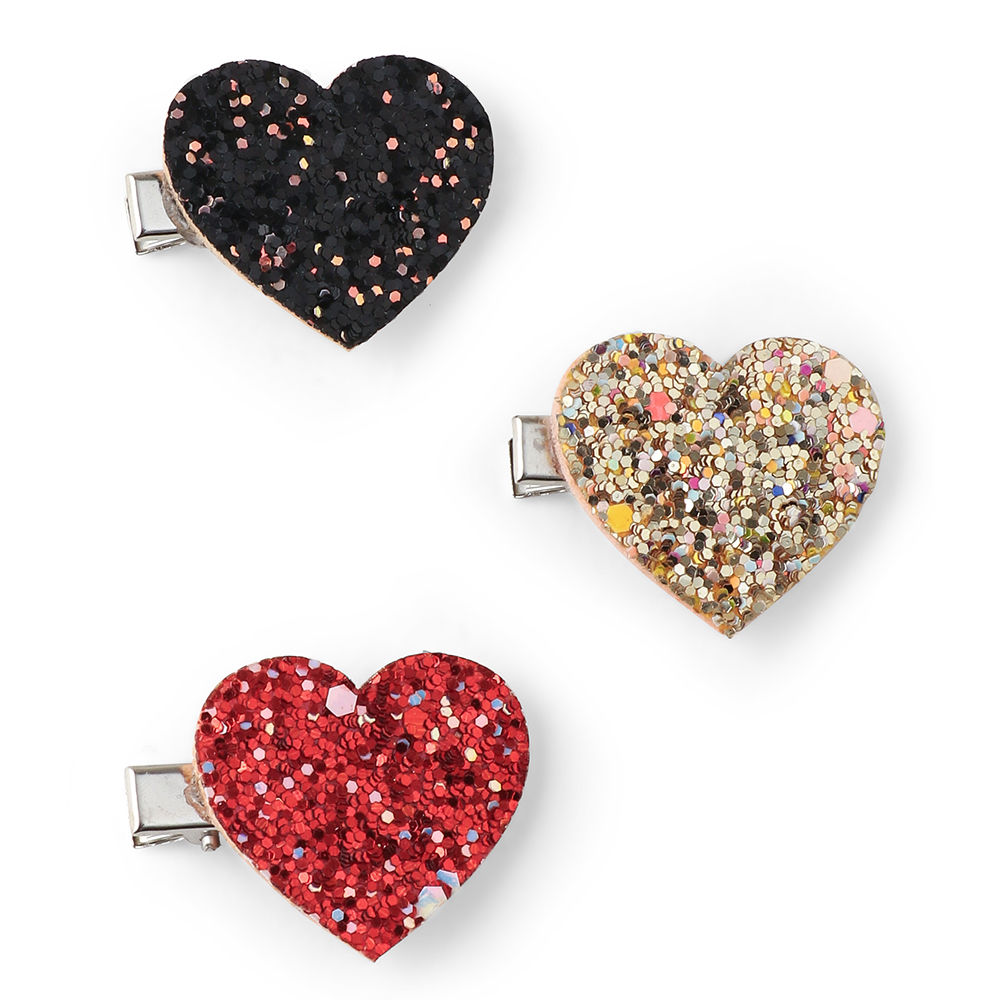 

set of 3 glitter heart appliqué attached to alligator clips