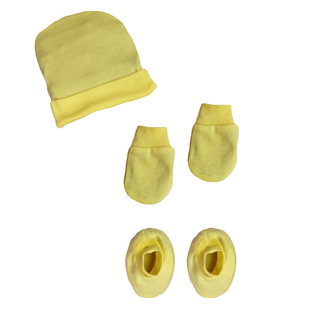 

100 cotton solid cap mittens booties set 520 yellow