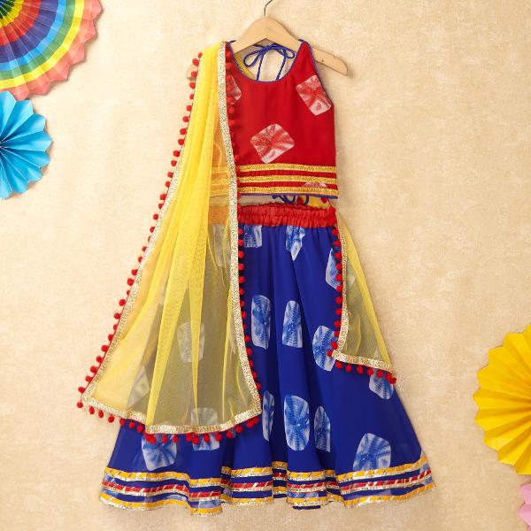 Shop Online Girls Royal Blue Ethnic Print Lehenga Choli Set at ₹1950