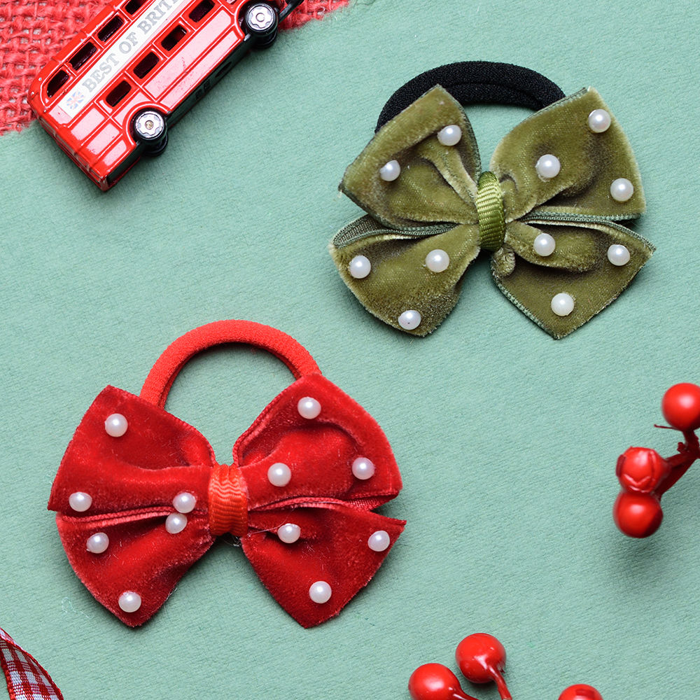 

red and green checkered bow on rubberband with pearls material