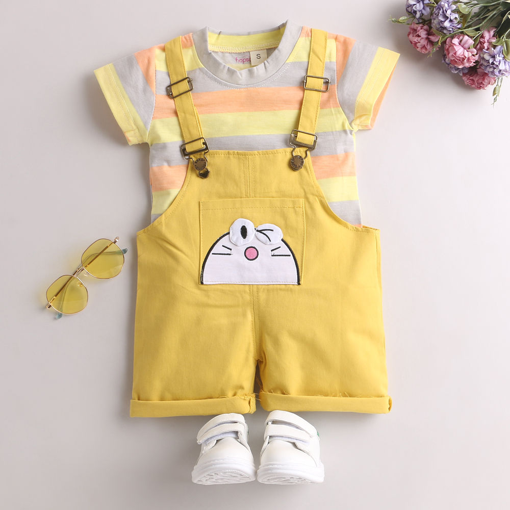 Hopscotch Boys Cotton Half Sleeves Animal Printed T-Shirt And Dungaree  Overall Dress Set in Yellow Color (1054140)