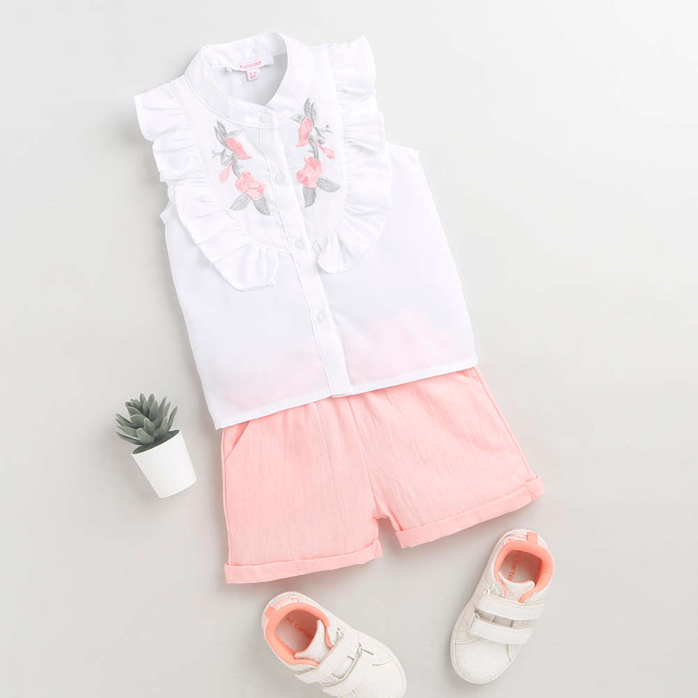Shop Online Girls White Floral Print Blouse And Shorts Set at ₹609