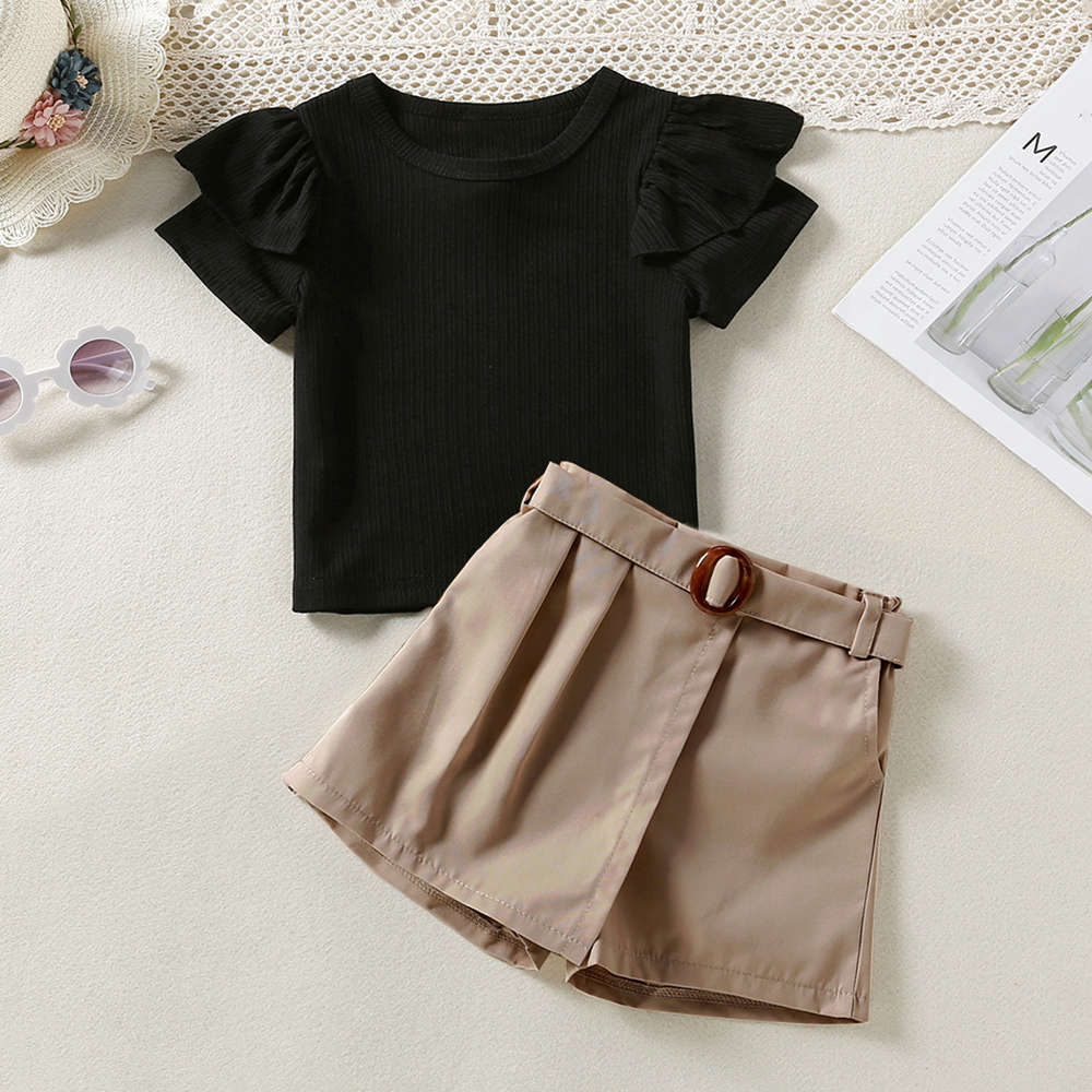 Girls Elegant Cream & Black Embroidered Summer 2-Piece Shirt & Shorts Set
