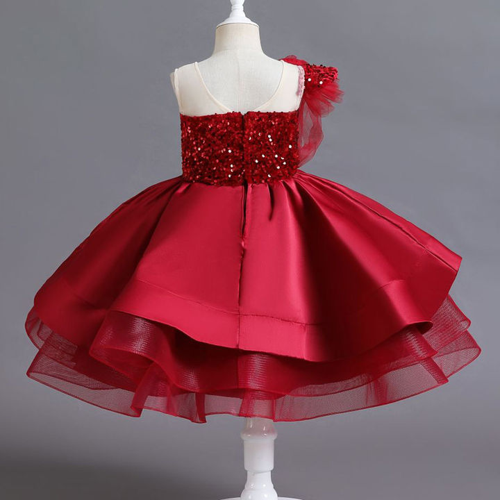 Glam Girl LS Sequin Twirl Dress-Red