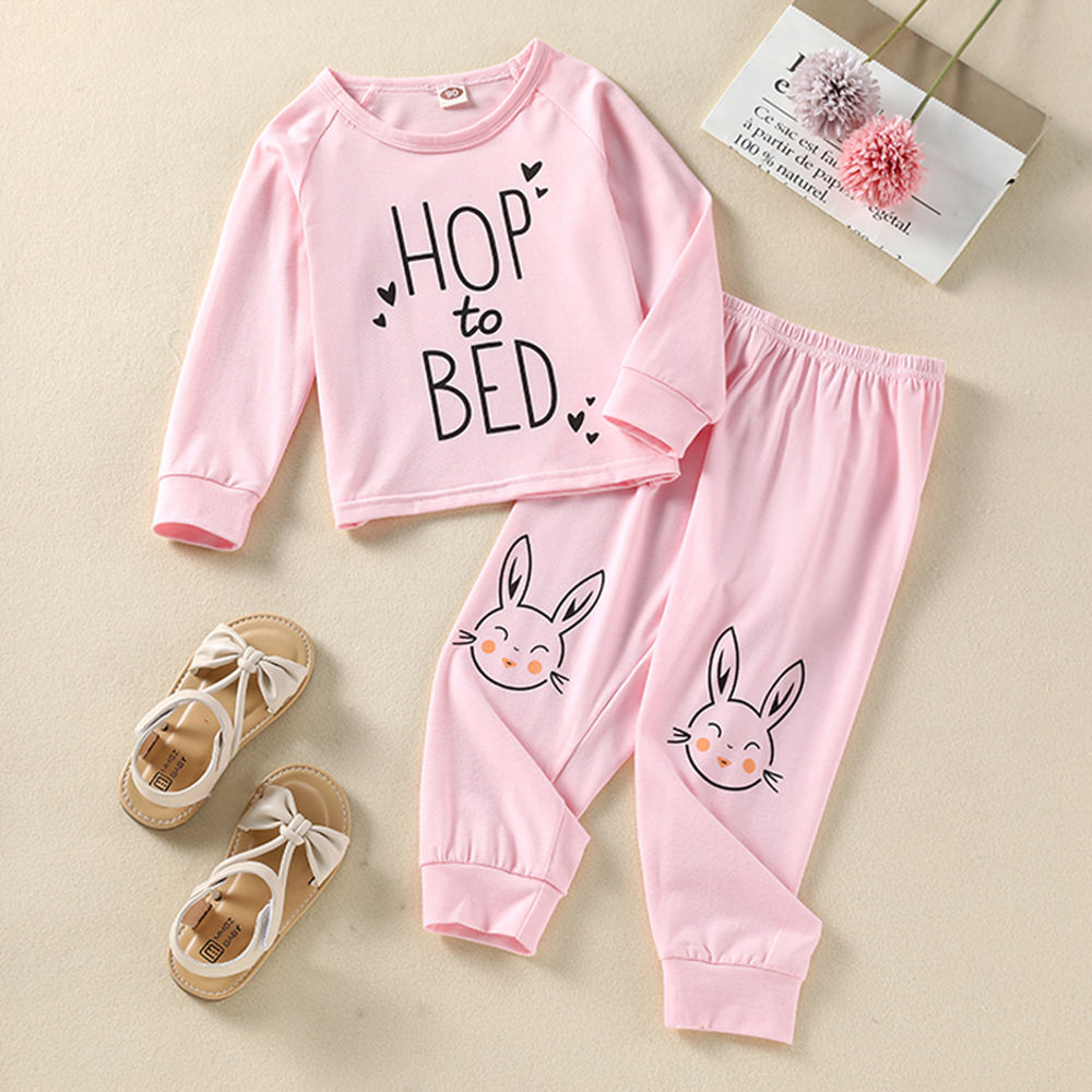 Shop Online Girls Pink Text Print T shirt and Pyjama Sleepwear Set