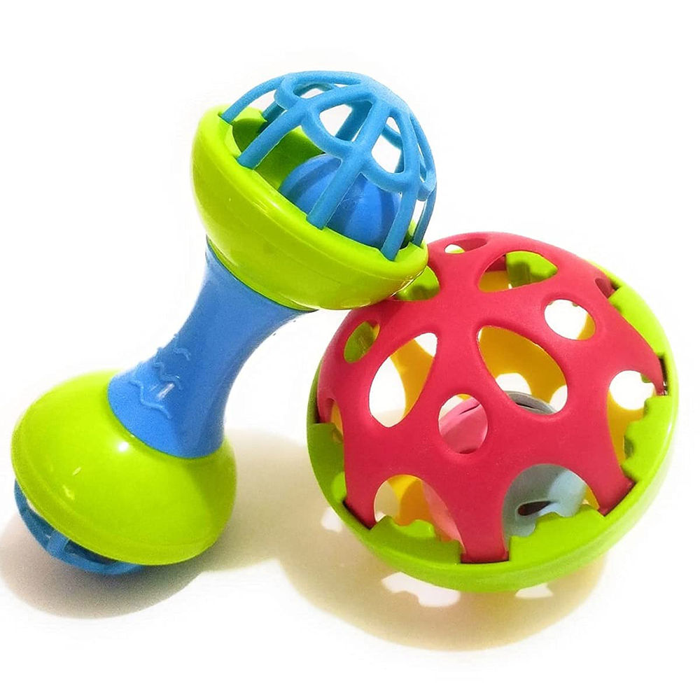 

this vibrant rattle and teether toy set is designed for